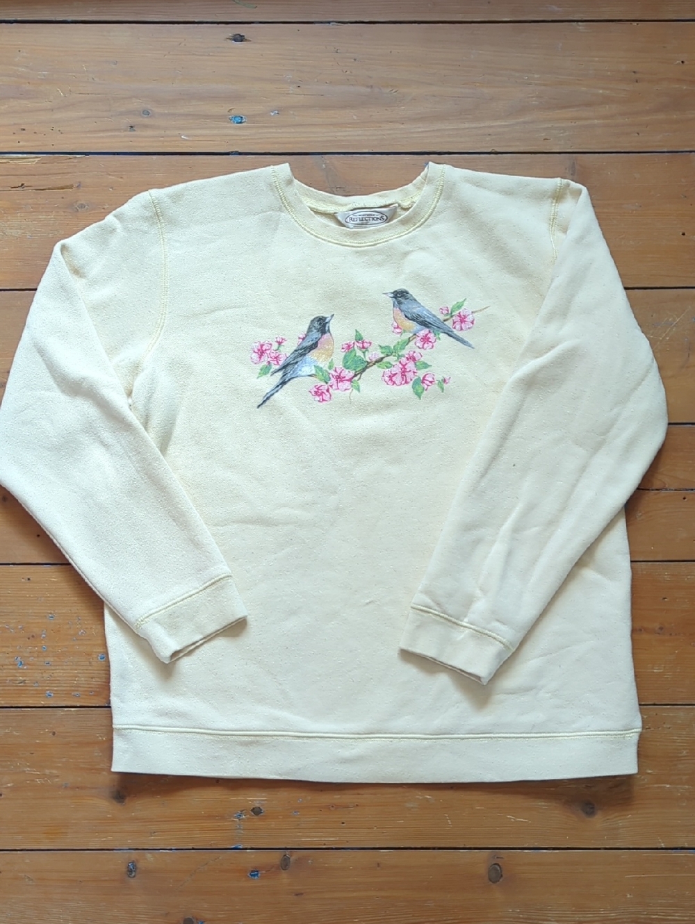 104-Northern Reflections Pale Yellow Bird & Floral Crewneck Sweater